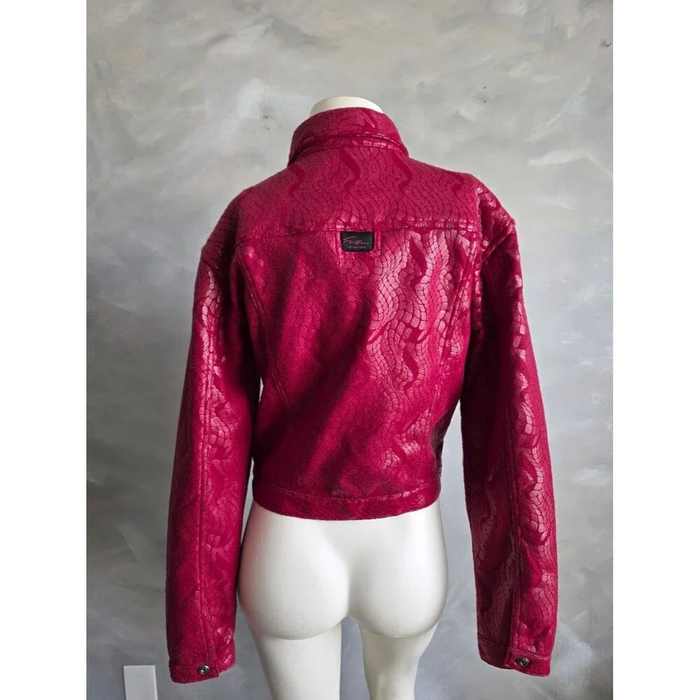 Vtg Fubu Red Faux Leather Textured Print Shine Cropped Jacket Button Up Sz 9/10